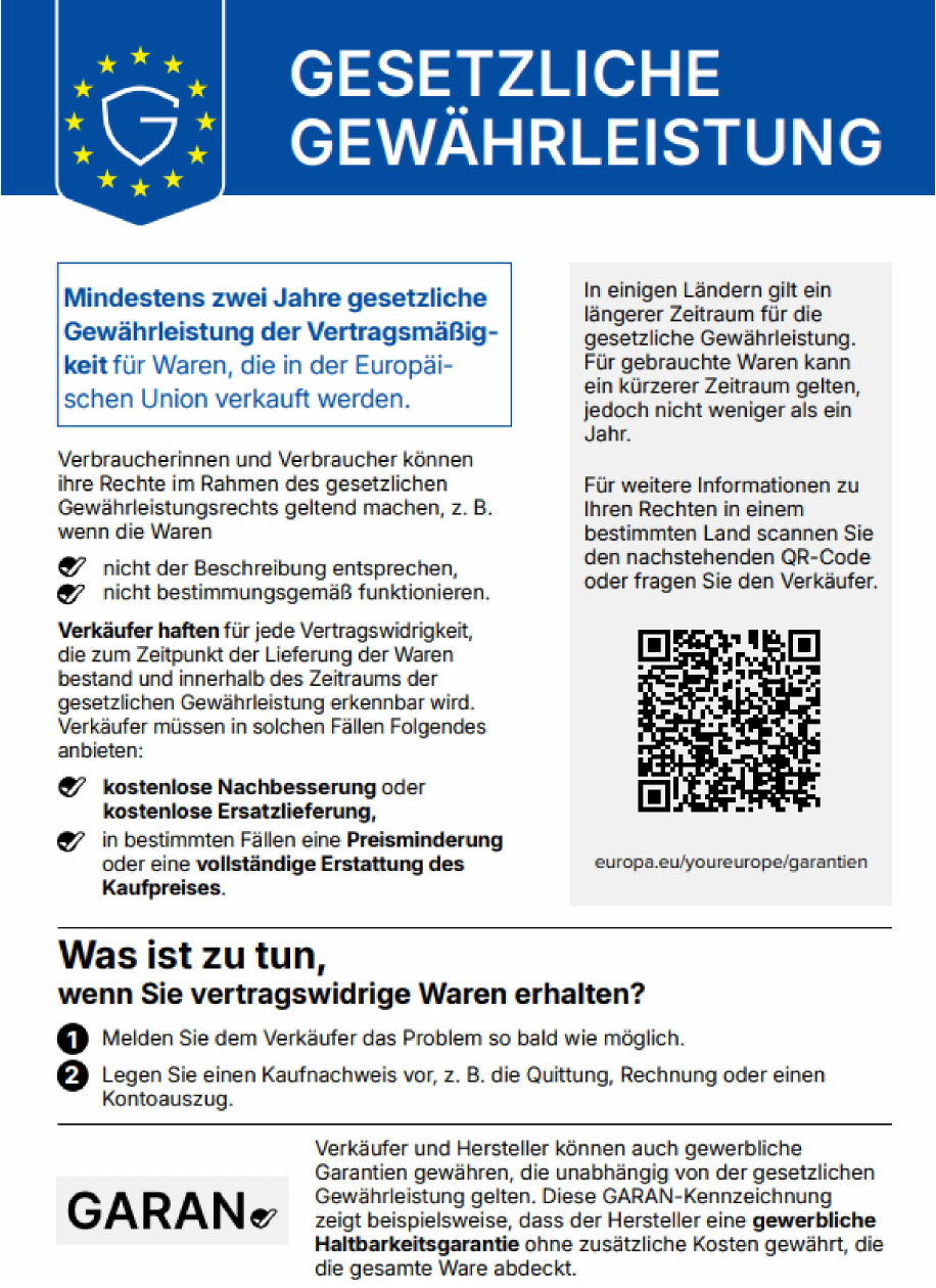 Amtliche EU-Mitteilung über das gesetzliche Gewährleistungsrecht: mindestens zwei Jahre gesetzliche Gewährleistung der Vertragsmäßigkeit für in der EU verkaufte Waren.