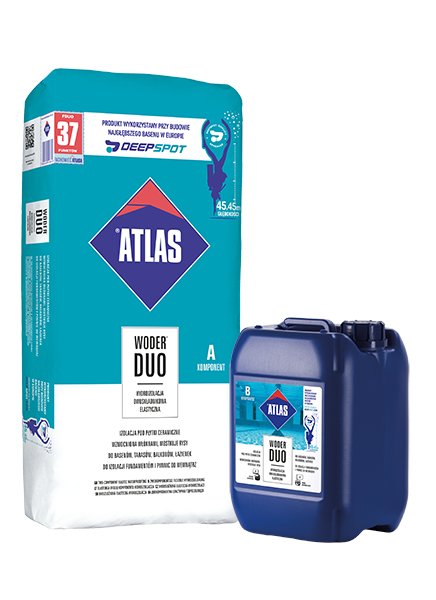ATLAS WODER DUO – Zweikomponenten-Hydroisolierung (2–3 mm) | Set 16 kg (A 12 kg + B 4 kg)