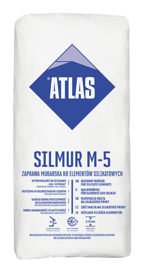 ATLAS SILMUR M-5 – Dünnschicht-Mauermörtel für Silikat- und Porenbeton, Weiß | 25 kg